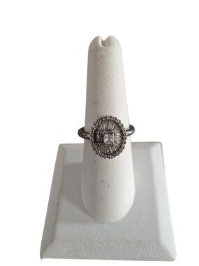 Sterling Silver Halo-Style Ring With Round & Baguette Cubic Zirconia Stones Size